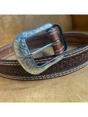 Ranger Belt Co Western Tooled Brown‎ Leather 36 Silver Engraved Buckle Floral